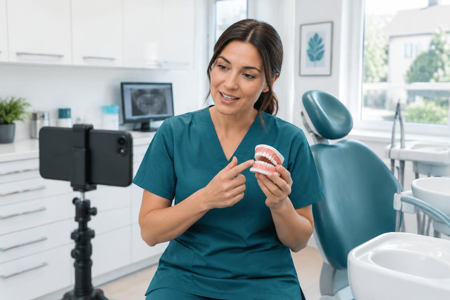 Dentist recording a clear treatment explainer for prospective patients