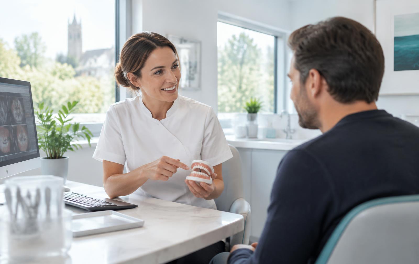 Dentist discussing a treatment plan with a patient in a modern practice