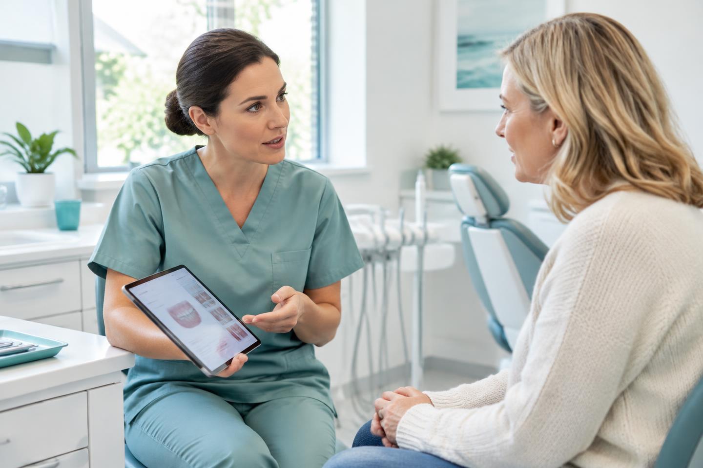 Dentist discussing treatment information and consent with a patient