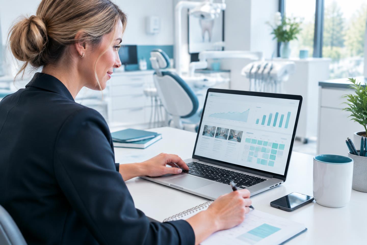 Dental practice manager reviewing digital campaign activity