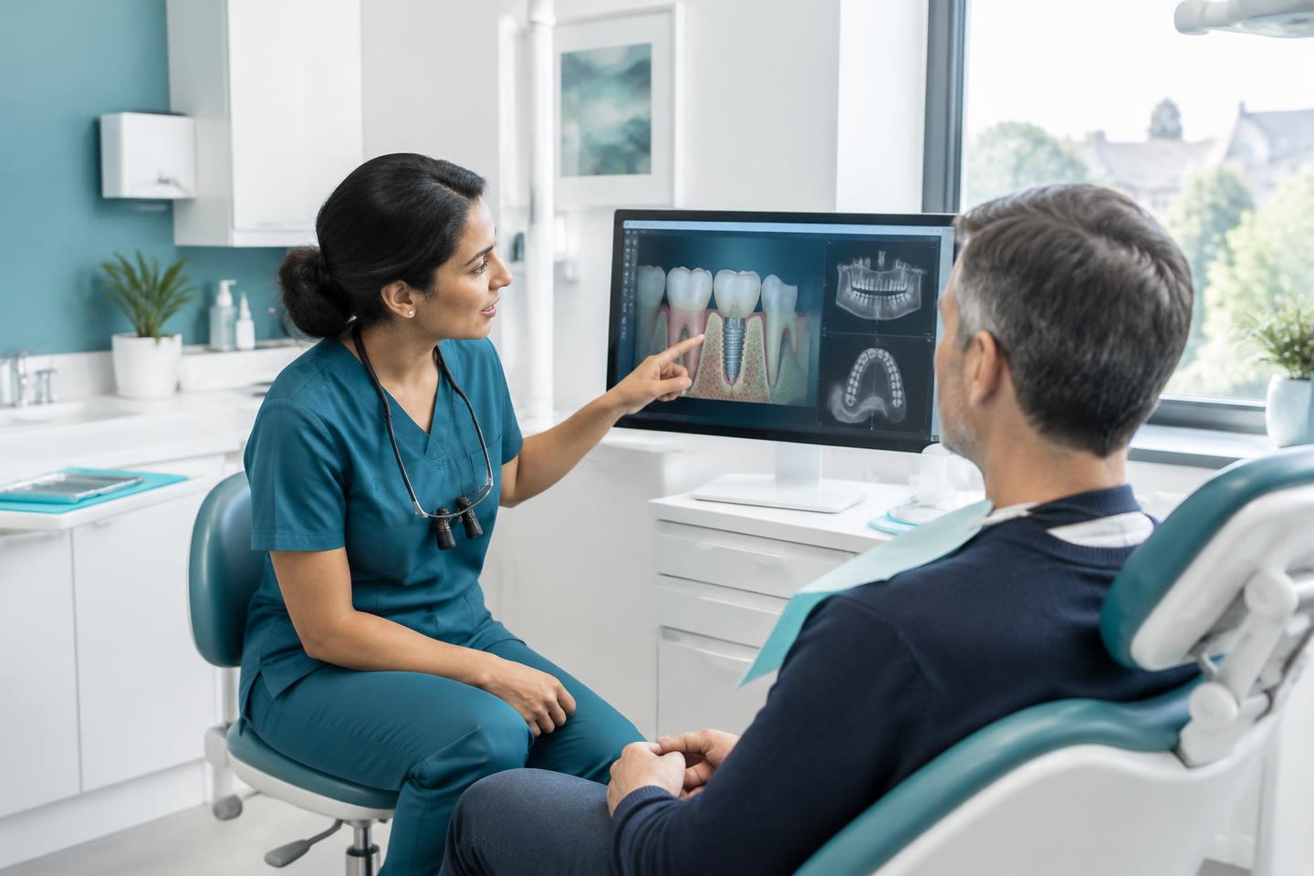 Dentist explaining an implant treatment plan to a patient